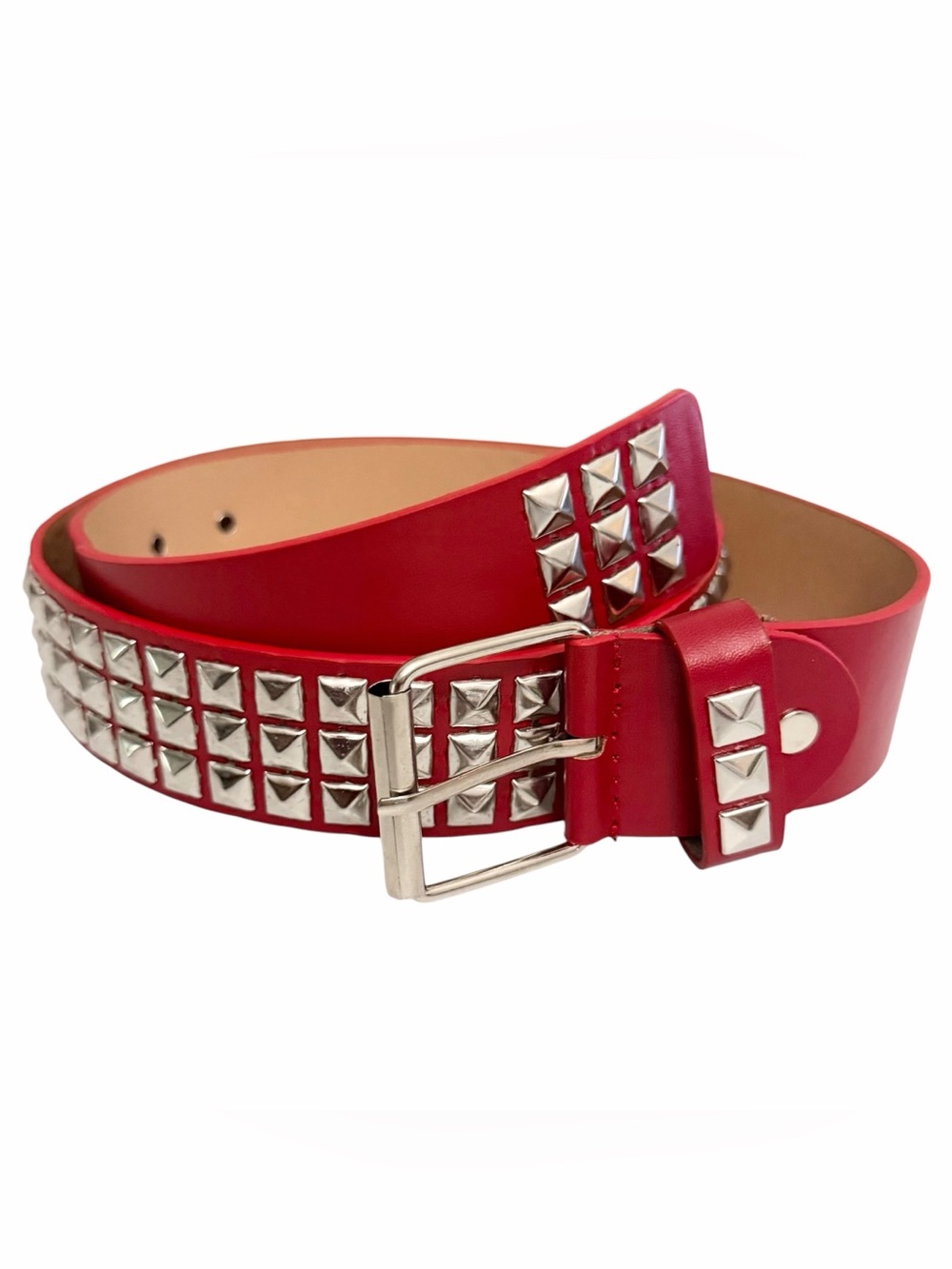 Belt Studded 33”-38” Silver Studs Red Faux Leather